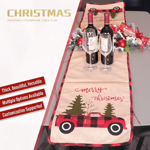 Christmas Table Runner Linen Burlap Vintage Red Truck Xmas Tree Buffalo Plaid Border Tassels Holiday Dining Decor