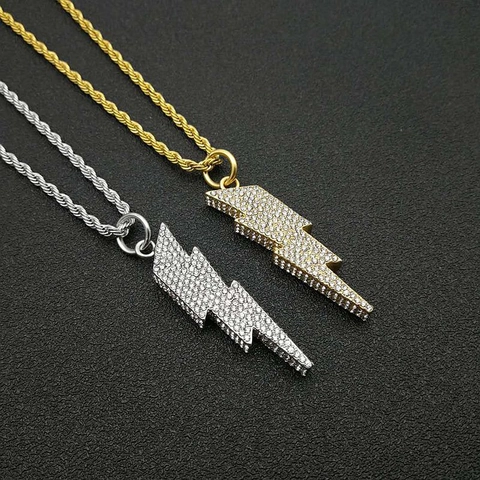 Bliksemschicht Hanger Ketting Roestvrij Staal Volledig Ingelegd Met Strass Verguld Hip Hop Sieraden Voor Heren Dames