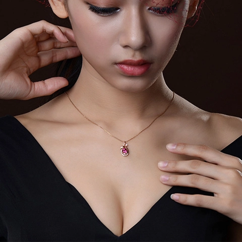 Set Di Gioielli Placcato Oro Rosa Rubino Sintetico Zircone Collana Con Ciondolo Foglia Anello Volpe Orecchini Bracciale