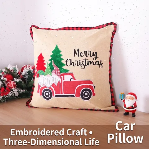 Funda De Almohada De Navidad Lino Cuadros Buffalo Camión Rojo Bordado Gnomos Decoración De Hogar De Vacaciones