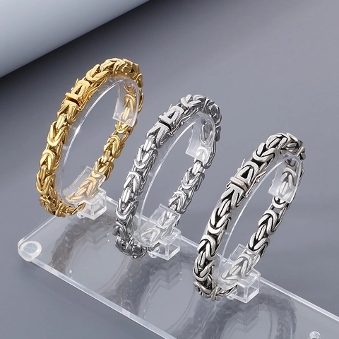 Pulsera De Cadena Bizantina Para Hombre Acero Inoxidable 316L Joyería Hip Hop Retro King Chain Con Cierre De Caja