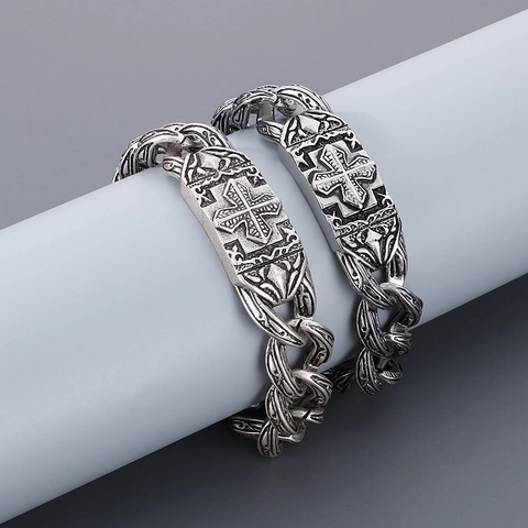 Men Vintage Kreuz Rosenmuster Armband 316L Edelstahl Gothic Gebogene Platte Antik Silber Stil Handschmuck