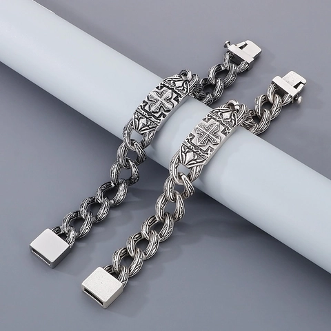 Men Vintage Kreuz Rosenmuster Armband 316L Edelstahl Gothic Gebogene Platte Antik Silber Stil Handschmuck