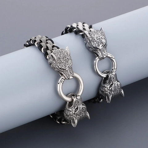 Pulsera De Cabeza De Lobo Doble Acero Inoxidable Y Cuero Trenzado Joyería Punk Vikinga Retro Para Hombres