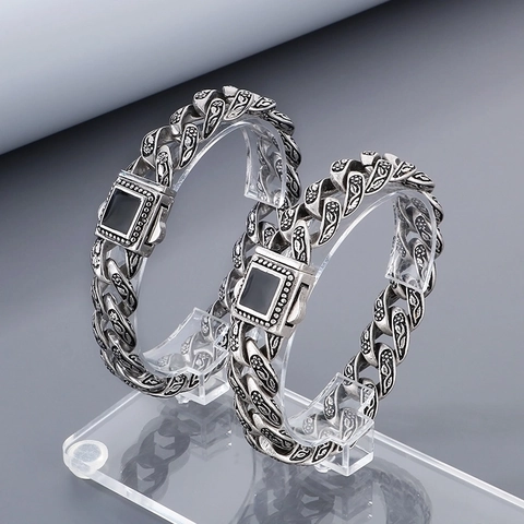 Men's Antique Silver Stainless Steel Bracelet Carved Rose Pattern Black Stone Inlay Gothic Punk Chain Accessory