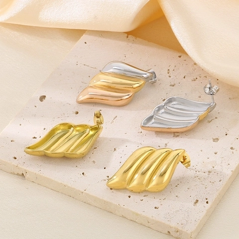 Stainless Steel Stud Earrings 18K Gold Plated Layered Wave Ribbed Geometric Wing Shape Fashion Jewelry For Women