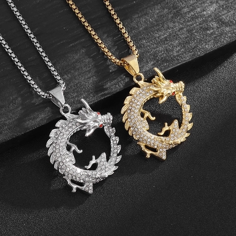 Collier Pendentif Dragon Acier Inoxydable Plaque Vide Strass Iced Out Yeux Rouges Hip Hop Zodiaque Bijoux Hommes