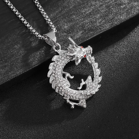 Collier Pendentif Dragon Acier Inoxydable Plaque Vide Strass Iced Out Yeux Rouges Hip Hop Zodiaque Bijoux Hommes