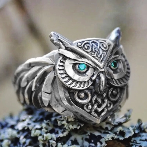 Vintage Owl Ring Alloy Retro Antique Silver Color Green Stone Eyes Punk Gothic Animal Jewelry For Women