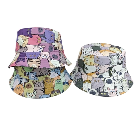 Women Men Cartoon Cat Print Polyester Bucket Hat Sun Protection Printed Fisherman Cap Casual Outdoor Travel Summer Sun Hat