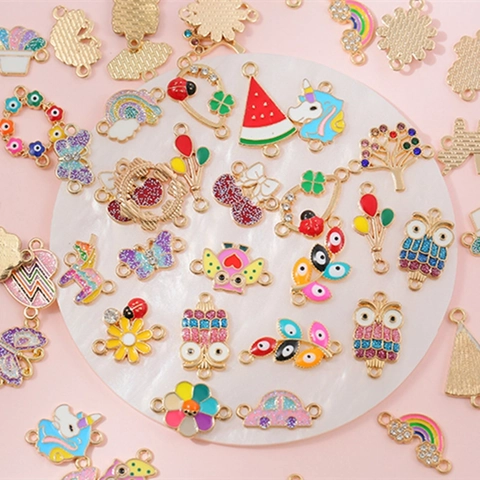 Enamel Alloy Cartoon Charms Connector Links Owl Unicorn Rainbow Flower Pattern For DIY Jewelry Making Bracelet Accessories