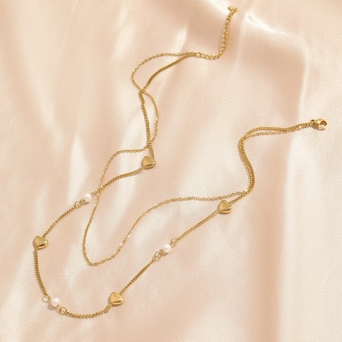 Elegante Collana a Doppio Strato in Acciaio Inossidabile Oro Con Ciondolo a Cuore e Perla Artificiale Gioielli da Donna