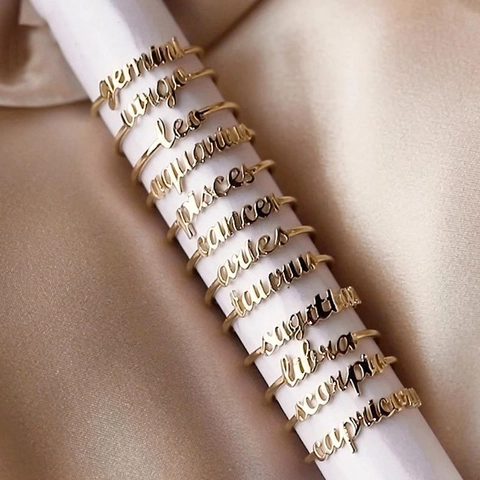Sternzeichen Ring Gold Vergoldet Kupfer Verstellbar Offener Ring Skript Buchstabe Mode Schmuck Für Damen