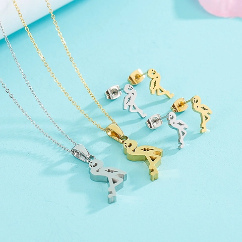 Flamingo Necklace And Stud Earrings Stainless Steel Animal Pendant Jewelry For Women Hollow Design Cute Minimalist Style