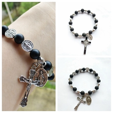 St Benedict Rosary Bracelet Lava Stone Agate Beads Alloy Crucifix Cross Miraculous Medal Elastic Religious Unisex