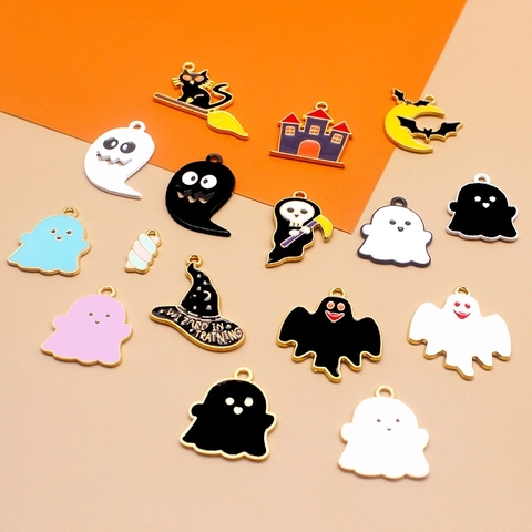 Halloween Enamel Alloy Charms Pendants Ghost Bat Witch Hat Castle For DIY Necklace Bracelet Jewelry Making