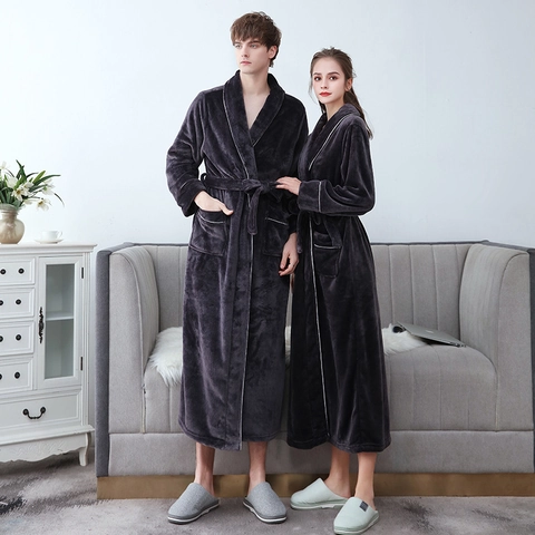 Bademantel Flanell Verdickt Lang Winter Schlafanzug Für Paare Revers Taschen Weich Warm Hausmantel