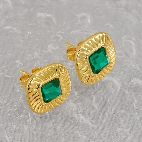 Vintage Square Green Zircon Stud Earrings Stainless Steel 18K Gold Plated Textured Border Fashion Jewelry For Women