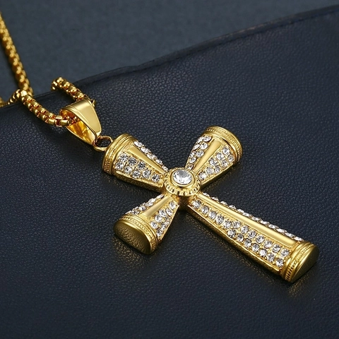 Collana con Ciondolo a Croce in Acciaio Inossidabile Hip Hop per Uomo Donna Placcato Oro Argento Strass Iced Out Gioielli Religiosi