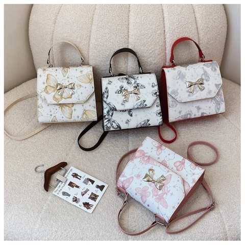 Women Butterfly Print PU Leather Shoulder Bag Metal Bow Decoration Contrast Color Versatile Crossbody Backpack