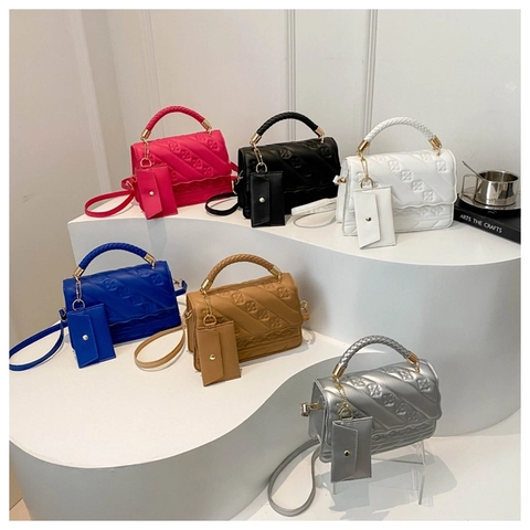 Sac À Bandoulière Matelassé En Cuir PU Pour Femmes Sac À Main Carré Gaufré Fleurs Avec Poignée Tissée Et Mini Porte-Monnaie