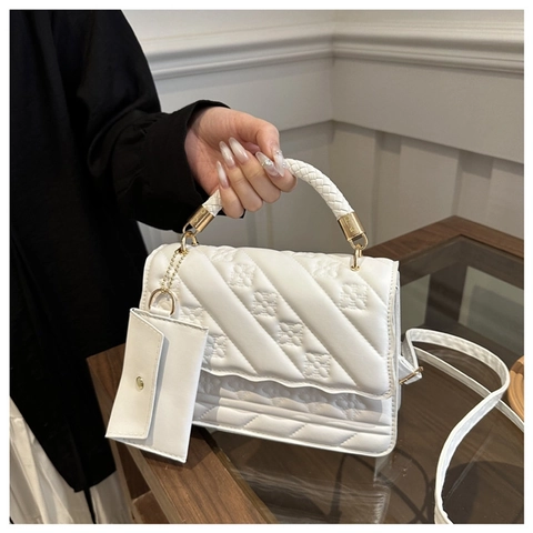Sac À Bandoulière Matelassé En Cuir PU Pour Femmes Sac À Main Carré Gaufré Fleurs Avec Poignée Tissée Et Mini Porte-Monnaie