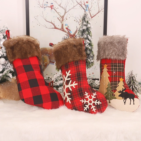 Calze Di Natale Tessuto Scozzese Polsino In Pelliccia Sintetica Renna Fiocco Applique Decorazione Camino