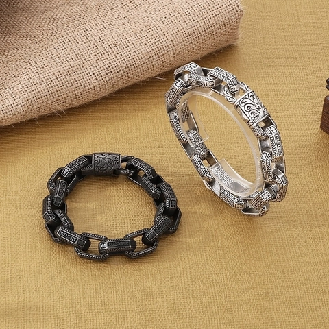 Men 316L Stainless Steel Retro Carved Bracelet Heavy Duty Chain Biker Jewelry Vintage Pattern Hand Accessory