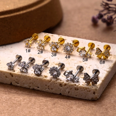 Titanium Labret Stud With Cubic Zirconia Flower Butterfly Star Shape Internal Thread Piercing Jewelry For Helix Lip