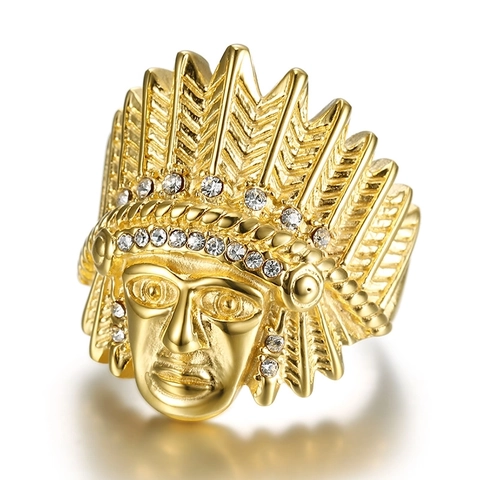 Indian Chief Head Ring Gold Plated Stainless Steel White Zircon Inlay Hip Hop Punk Vintage Style Jewelry For Men