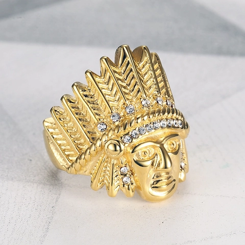 Indian Chief Head Ring Gold Plated Stainless Steel White Zircon Inlay Hip Hop Punk Vintage Style Jewelry For Men