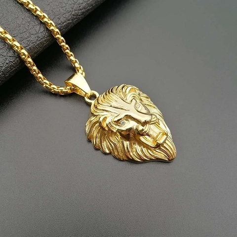 Lion Head Pendant Necklace Stainless Steel Gold Plated Rhinestone Eyes Hip Hop Jewelry For Men Women