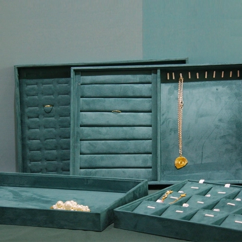 Jewelry Display Tray Dark Green Velvet Organizer For Rings Necklaces Bracelets Stackable Drawer Storage Showcase Liner