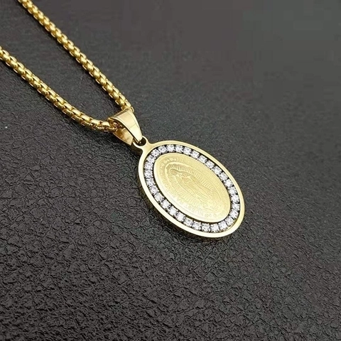 Collier Vierge Marie Notre Dame De Guadalupe Acier Titane Plaqué Or Zircone Cubique Bijoux Religieux Hip Hop