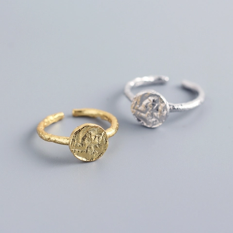 Bague Ouverte Disque Rond Martelée Irrégulière Argent Sterling 925 Bijoux Texture Ajustables Minimalistes Femmes