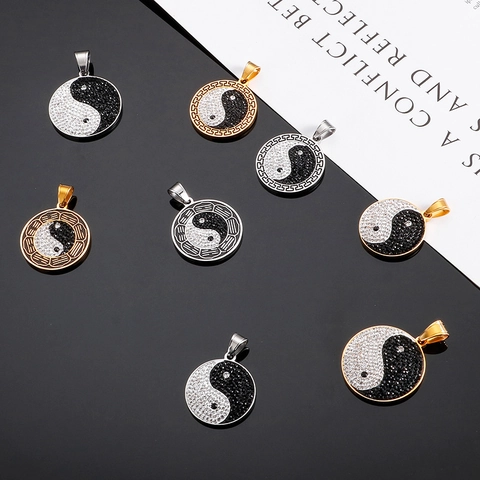 Tai Chi Yin Yang Pendant Necklace 316L Stainless Steel Black White Rhinestone Bagua Chinese Style Jewelry