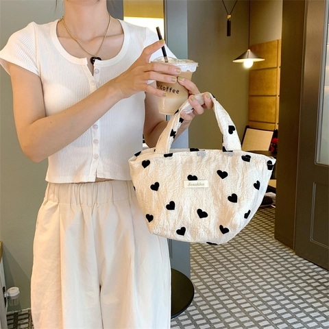 Bolso De Hombro De Lona Con Estampado De Corazones Texturizados Gran Capacidad Bolso De Mano Informal Estilo Dulce Para Mujer