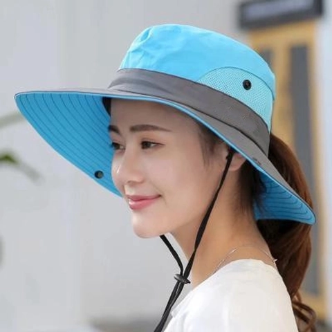 Chapeau De Soleil Femme À Bord Large Maille Respirante Trou Pour Queue De Cheval Randonnée Avec Corde Coupe Vent