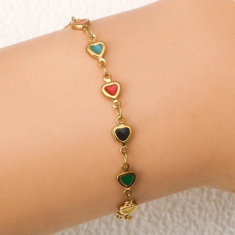 Heart Bracelet Enamel Colorful Oil Dripping Stainless Steel Gold Plated Adjustable Chain Fashion Jewelry For Women
