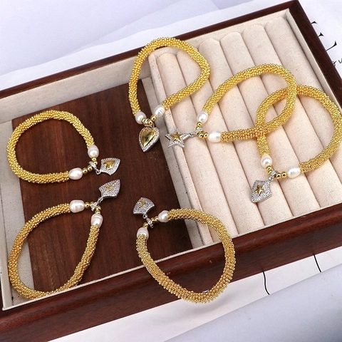 French Vintage Copper Zirconia Artificial Pearl Star Moon Pendant Bead Chain Bracelet For Women Fashion Jewelry Gift