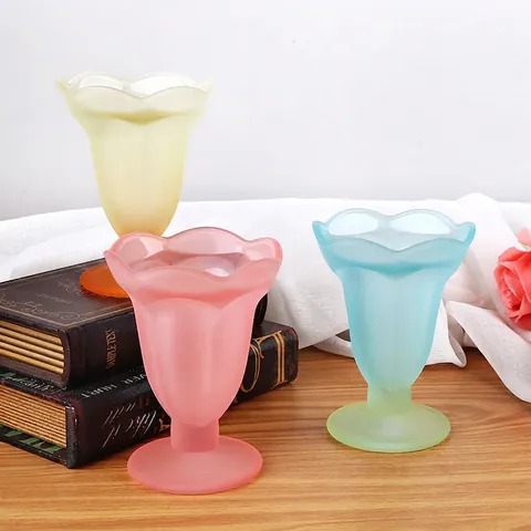 Frosted Glass Dessert Cup Petal Rim Footed Ice Cream Bowl Colorful Milkshake Glass Cold Drink Goblet Retro Style