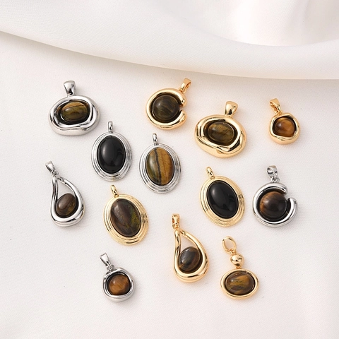 Pendentif Œil De Tigre Naturel Agate Noire Breloques En Cuivre Plaqué Or 18K Pour Création De Bijoux DIY Style Vintage Élégant