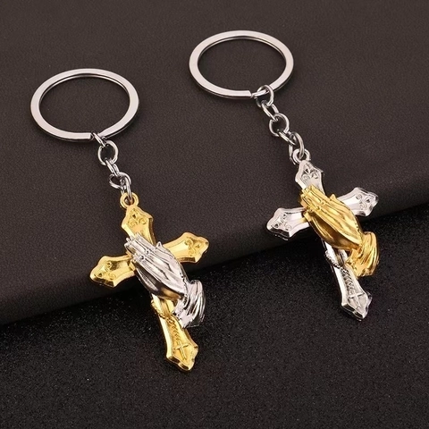 Porte-Clés Pendentif Croix Mains En Prière Alliage Bicolore Bijoux Religieux Pour Décoration Sac Voiture Unisexe