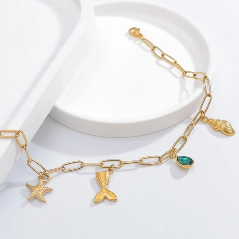 Stainless Steel Marine Bracelet For Women Gold Plated Starfish Shell Mermaid Tail Rhinestone Charm Adjustable Fashion Jewelry