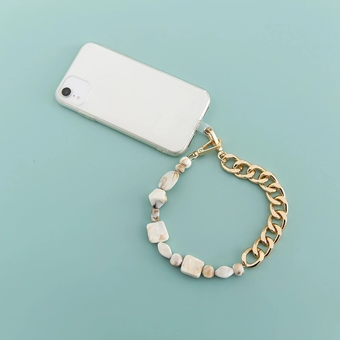 Acrylic Marble Resin Beads Phone Case Chain Strap Gold Alloy Splicing Bag Decoration Accessory Bohemian Chic Style