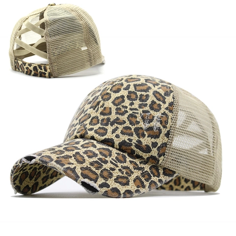 Cappello Da Baseball Messy Bun Cotone Lavato Distressed Trucker Hat Criss Cross Coda Di Cavallo Alta Stampa Leopardata Donne