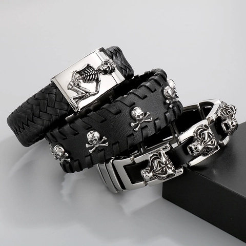 Punk Skull Tiger Head Bracelet Stainless Steel Woven Leather Men Gothic Rock Jewelry Biker Style Accessory