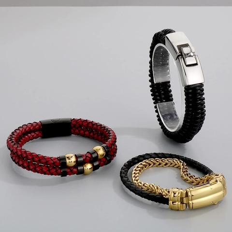 Men Braided Leather Bracelet With Stainless Steel Magnetic Clasp Double Layer Punk Style Jewelry For Men