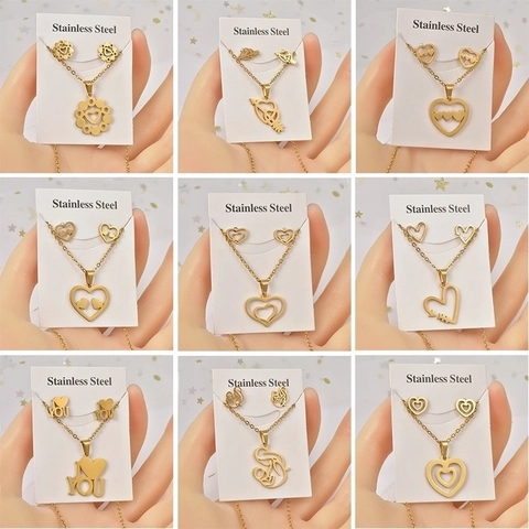 Élégant Ensemble De Bijoux Collier Et Boucles D'oreilles En Acier Inoxydable En Forme De Cœur Plaqué Or Cadeau Personnalisé Femmes