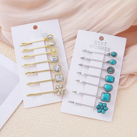Mollette Per Capelli Retro Lega Zinco Turchese Marmo Cuore Fiore Geometrico Stile Bohemien Per Donne Ragazze